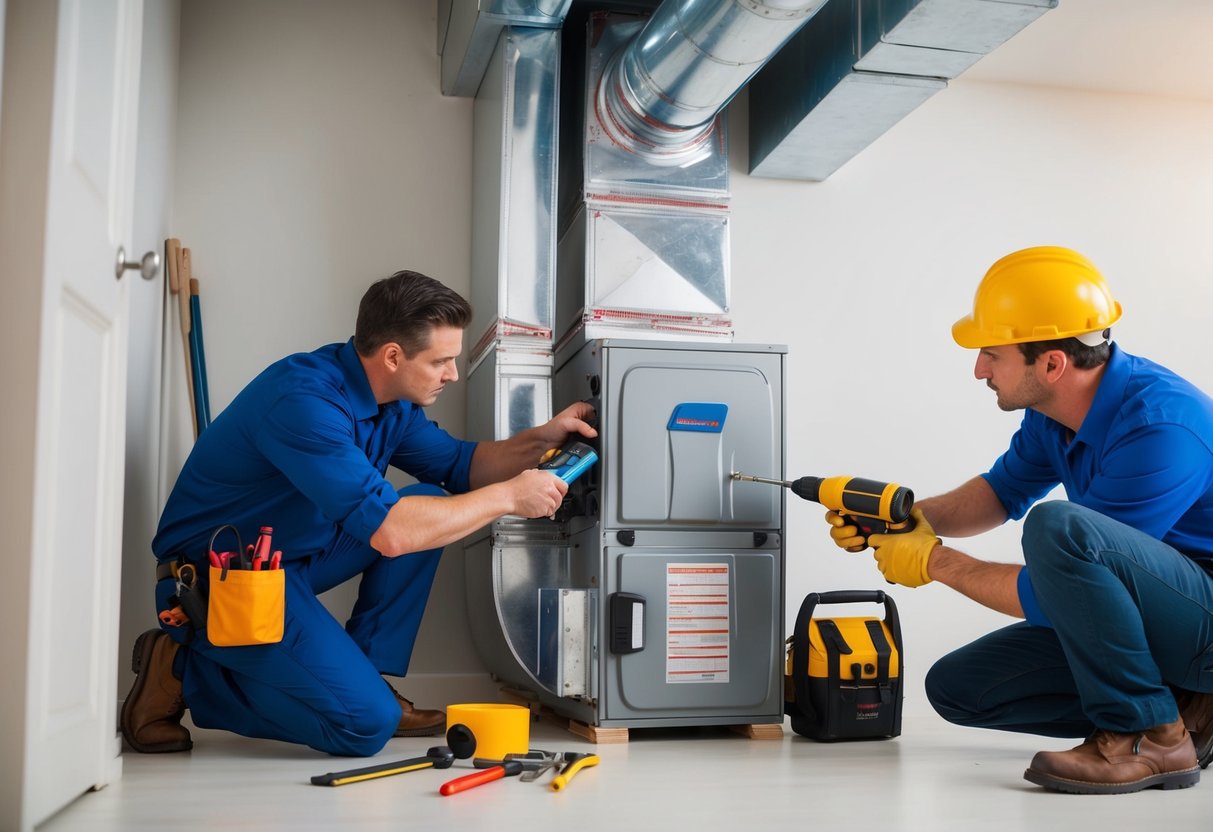 A professional technician meticulously repairs ductwork with specialized tools and equipment, while a DIYer attempts to fix ducts with basic household tools