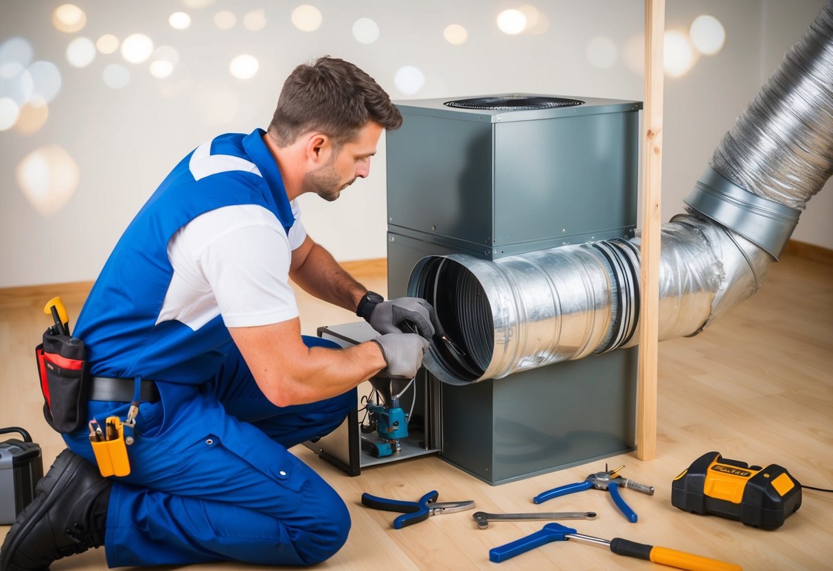 A professional ductwork repair technician working on a section of ductwork, while a DIY enthusiast attempts to fix another section with tools scattered around