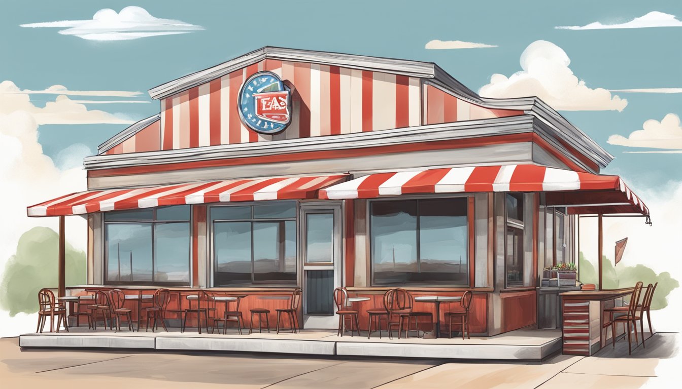 A rustic Texas diner with a red and white striped awning, serving up an array of mouthwatering burgers and Texan specialties