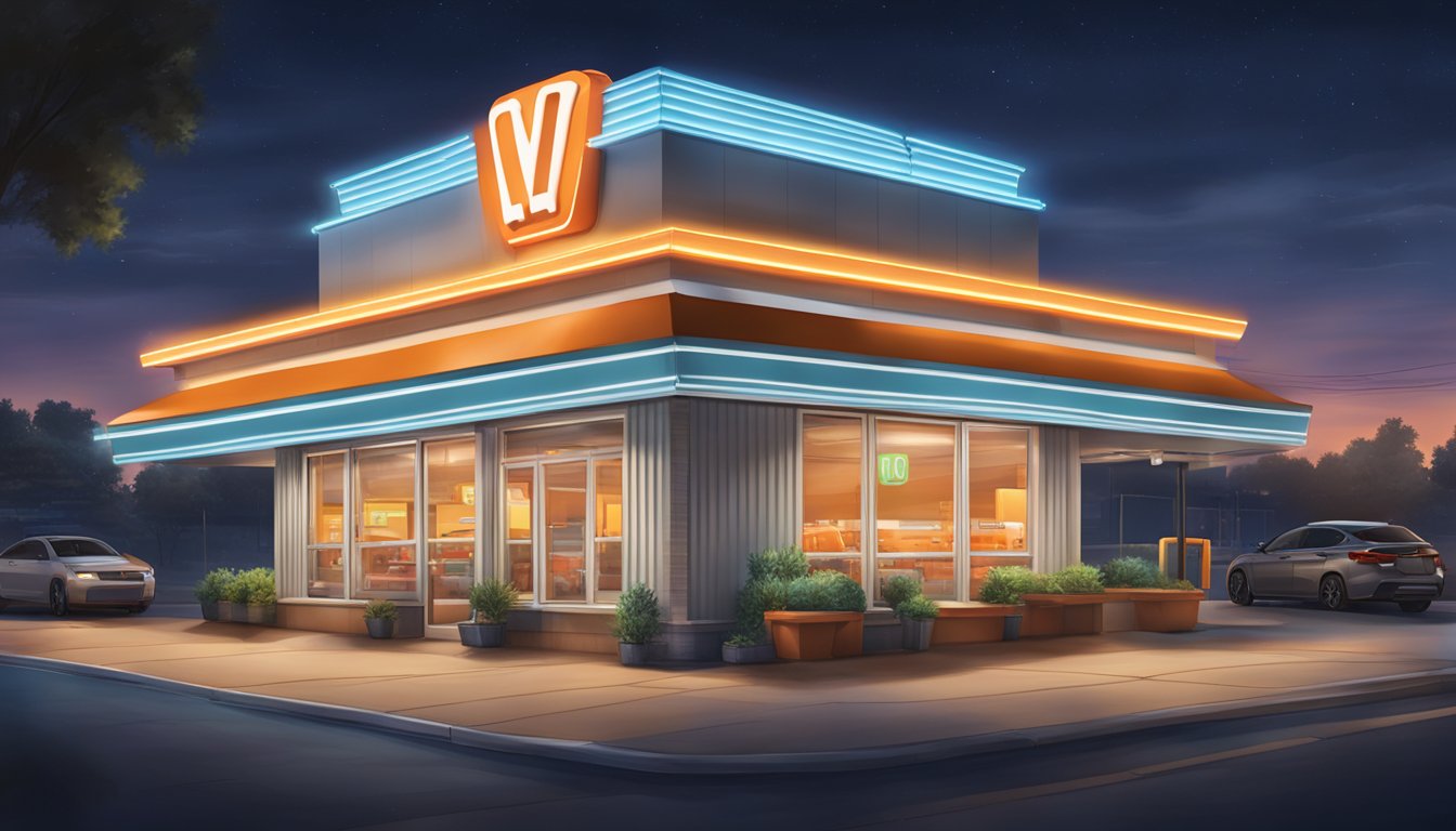 A Whataburger restaurant at night, with a glowing sign and drive-thru lights, surrounded by a bustling Texas cityscape