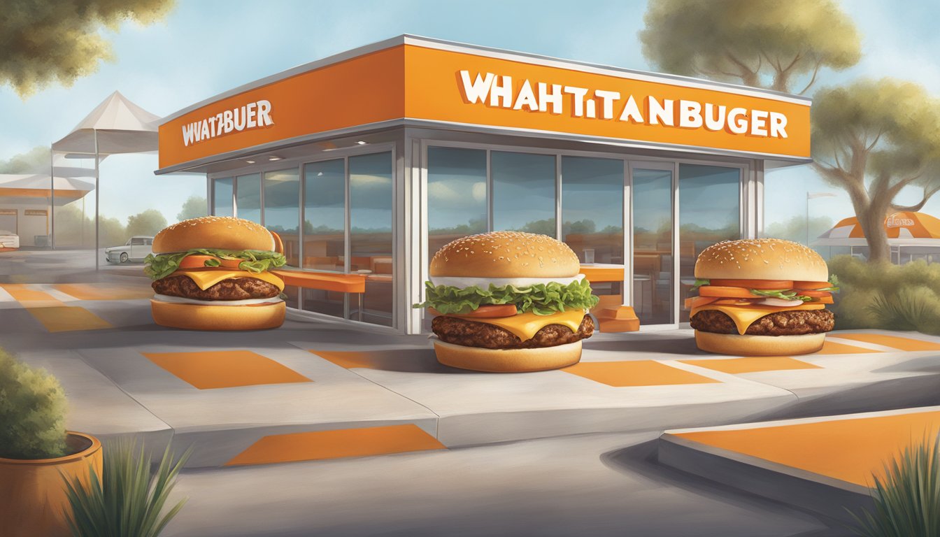 A colorful timeline of Whataburger menu items, starting with simple burgers and progressing to a variety of Texan-inspired delights