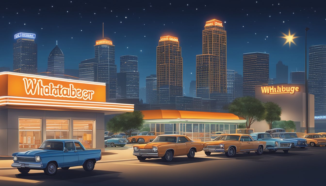 A bustling Texas city skyline at night, with a glowing Whataburger sign and a line of cars at the drive-thru