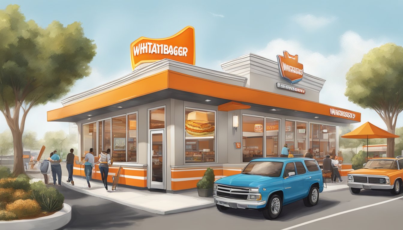 A bustling Whataburger restaurant, with a diverse menu of Texan-inspired delights, surrounded by strategic growth and partnership symbols