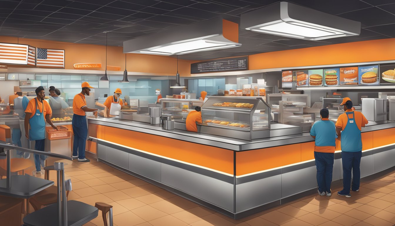 A bustling Whataburger counter at night, with customers and staff engaged in food preparation and service, surrounded by the 24/7 Texas culture