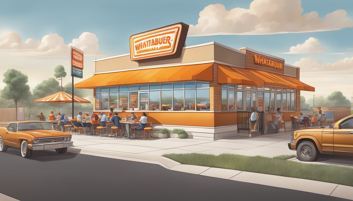 A bustling Whataburger restaurant with a diverse menu of Texan-inspired dishes, surrounded by competing fast-food chains