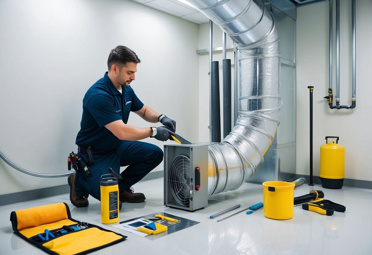 A technician sealing ductwork in a clean and well-lit mechanical room, with tools and materials neatly organized nearby