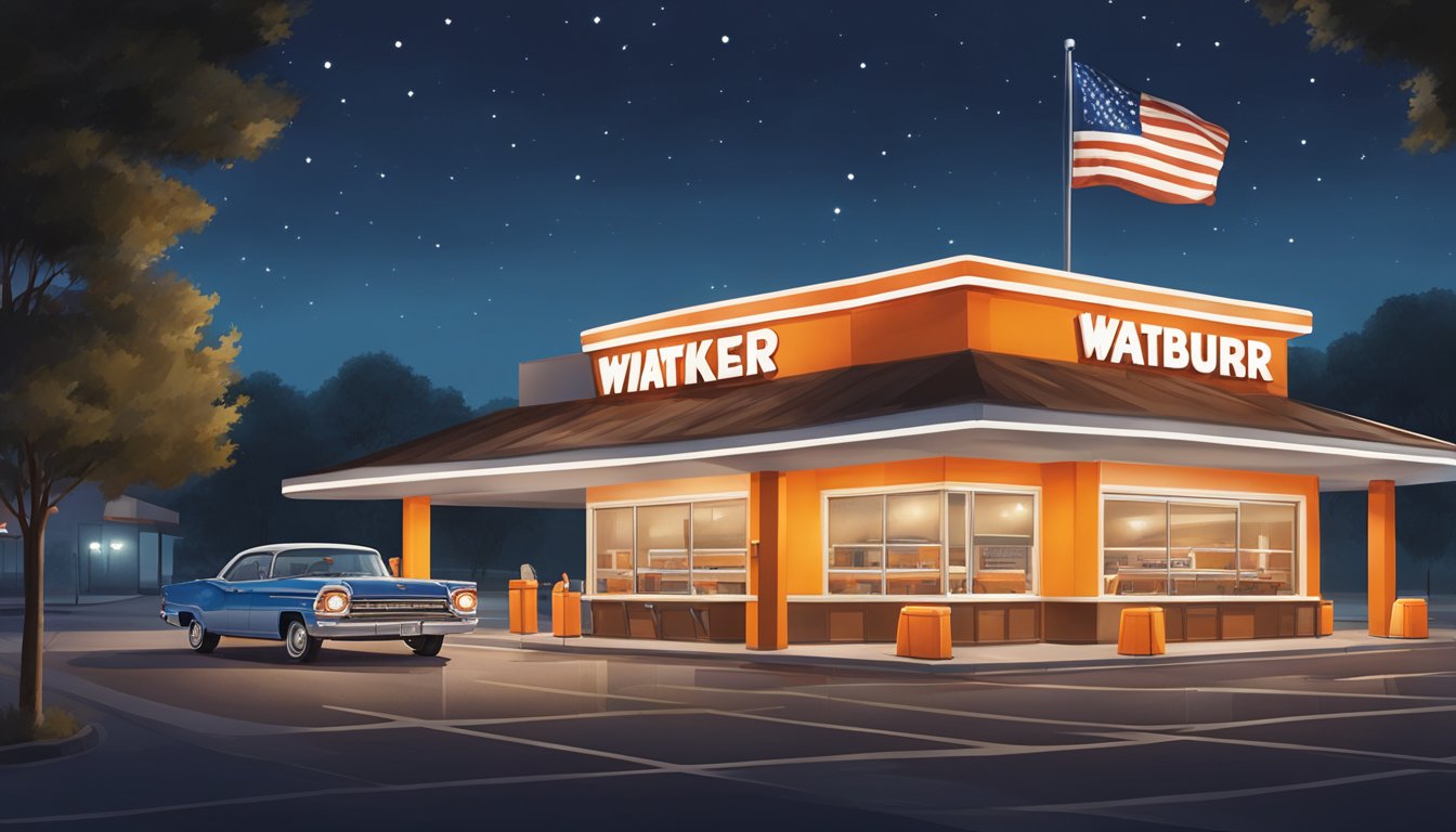 A bustling Whataburger restaurant at night, with a line of cars at the drive-thru and customers enjoying their meals inside. The Texas flag flies proudly outside