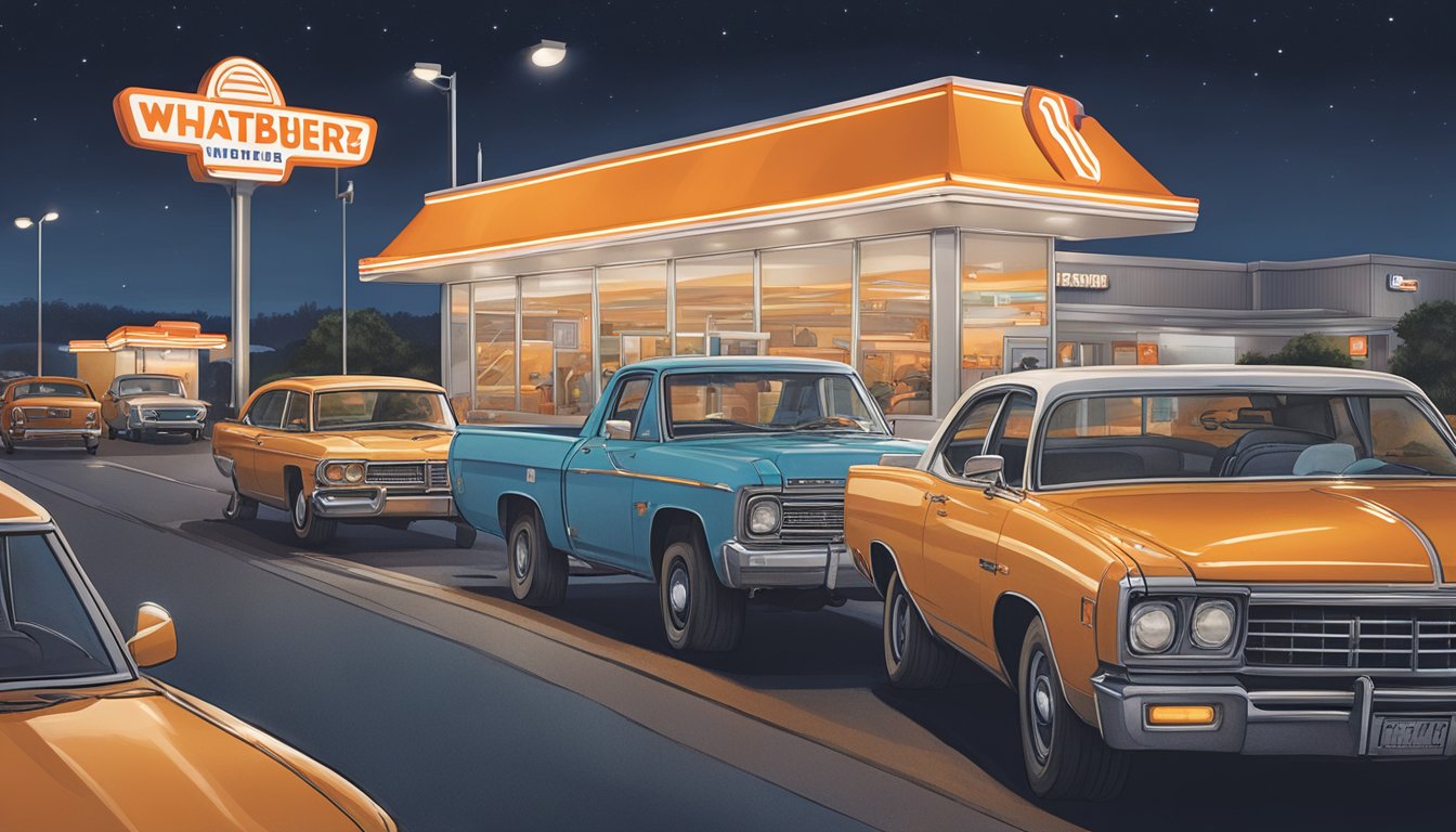 A bustling Whataburger drive-thru at night, with cars lined up under bright lights as workers hustle to serve hungry customers