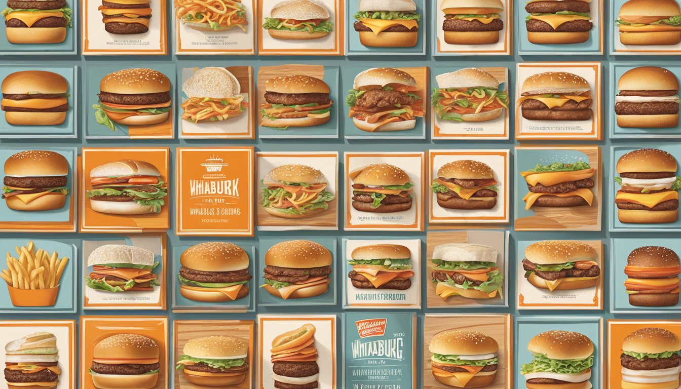 A timeline of Whataburger menu items, from classic burgers to Texan favorites, displayed on a wall