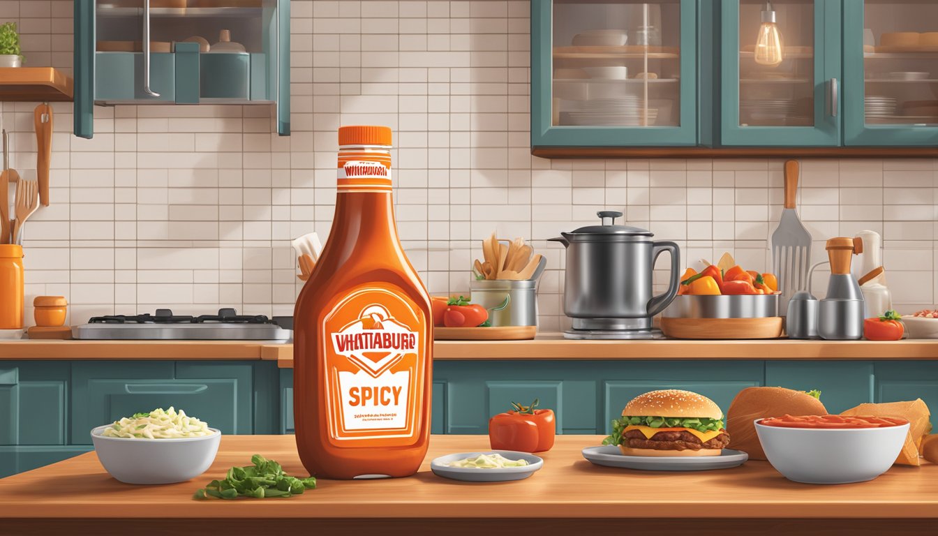 A bottle of Whataburger Spicy Ketchup stands prominently on a kitchen counter, surrounded by various condiments and cooking utensils. The label features bold colors and the iconic Whataburger logo