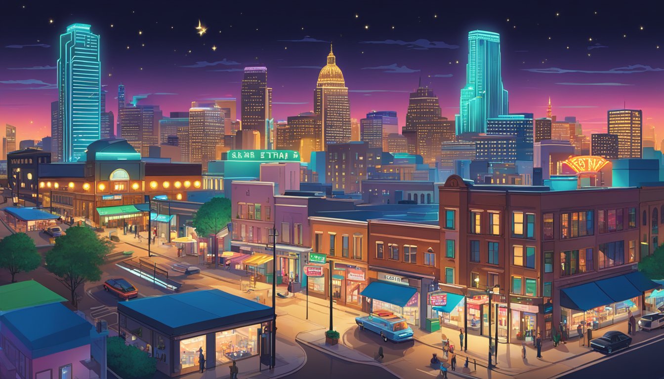 A bustling Texas city skyline at night, with neon signs for 24/7 eateries lighting up the streets and people enjoying late-night meals