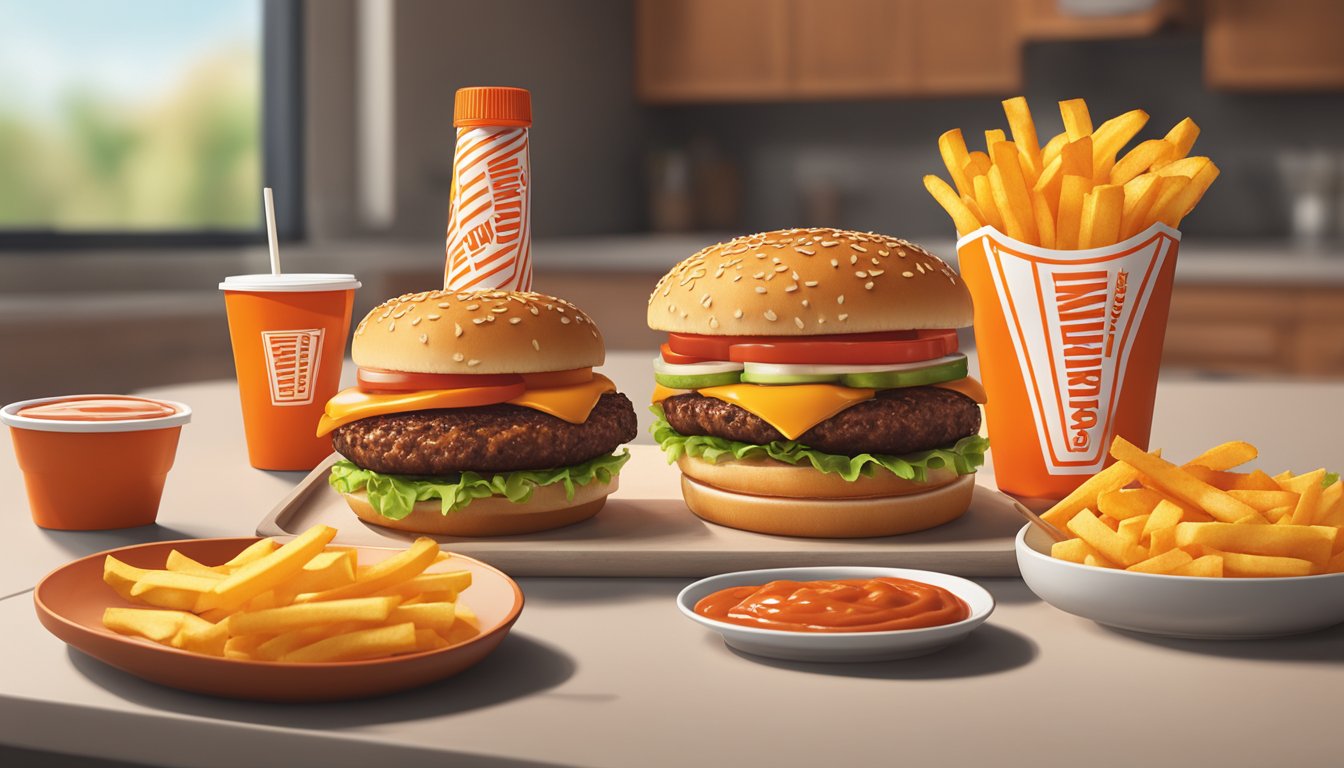 A bottle of Whataburger's Spicy Ketchup stands on a table, surrounded by scattered French fries and a burger. The iconic orange label catches the eye