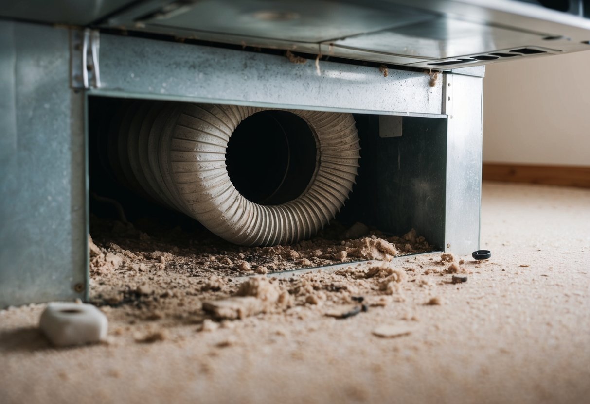 A dusty and neglected air duct system with visible leaks and debris buildup, causing poor air quality and potential health hazards