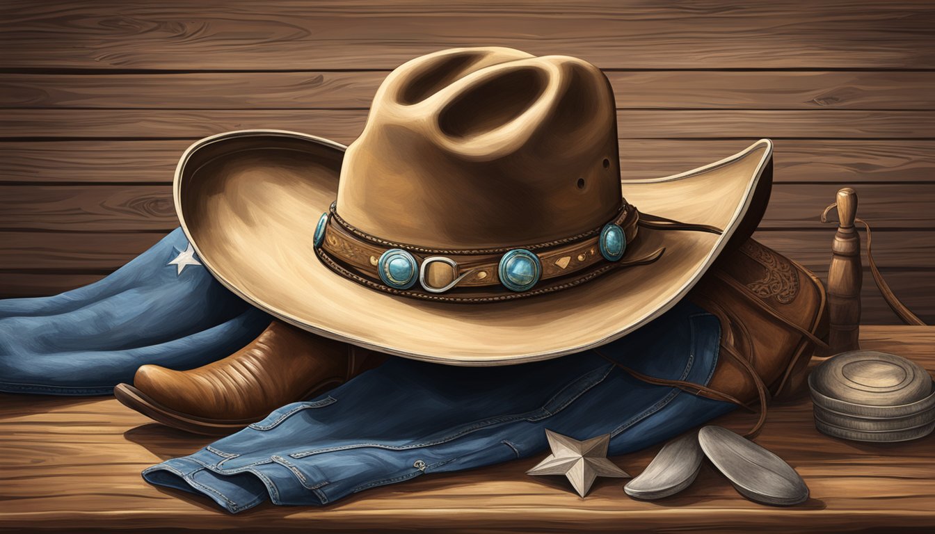 A lone cowboy hat sits atop a weathered wooden table, surrounded by classic Texan symbols like a lone star and a pair of cowboy boots