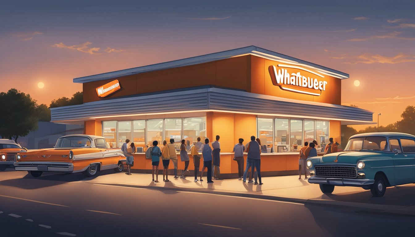 A bustling Whataburger restaurant at night, with a line of cars at the drive-thru and groups of people chatting outside, capturing the essence of Friday Night Lights culture