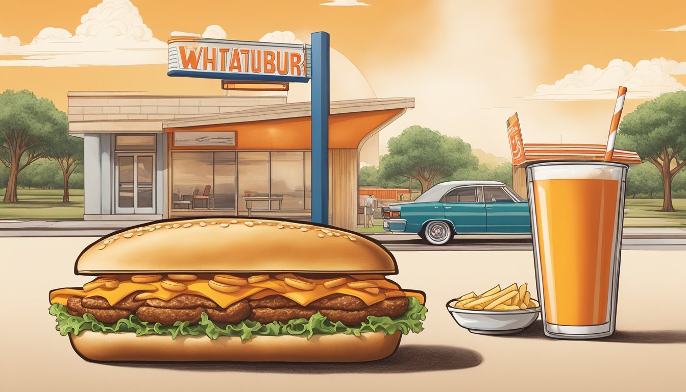 A classic Whataburger Junior meal with fries and a drink, set against a backdrop of iconic Texas imagery