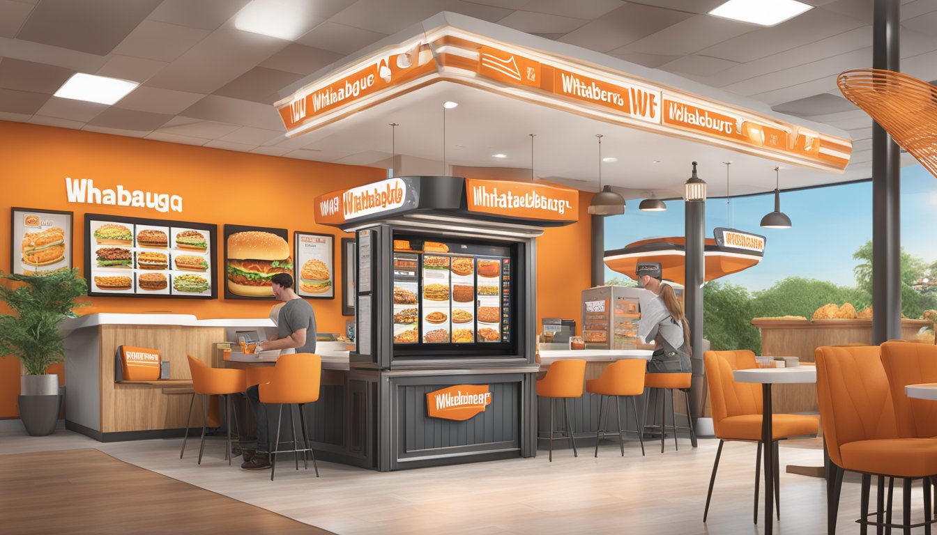 A customer customizing a Whataburger order on a digital kiosk, surrounded by Texas-themed decor and menu options