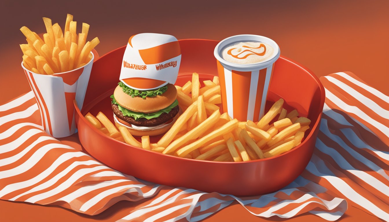 A Whataburger Junior sitting on a red tray, surrounded by classic fries and a drink, with the iconic orange and white striped wrapping