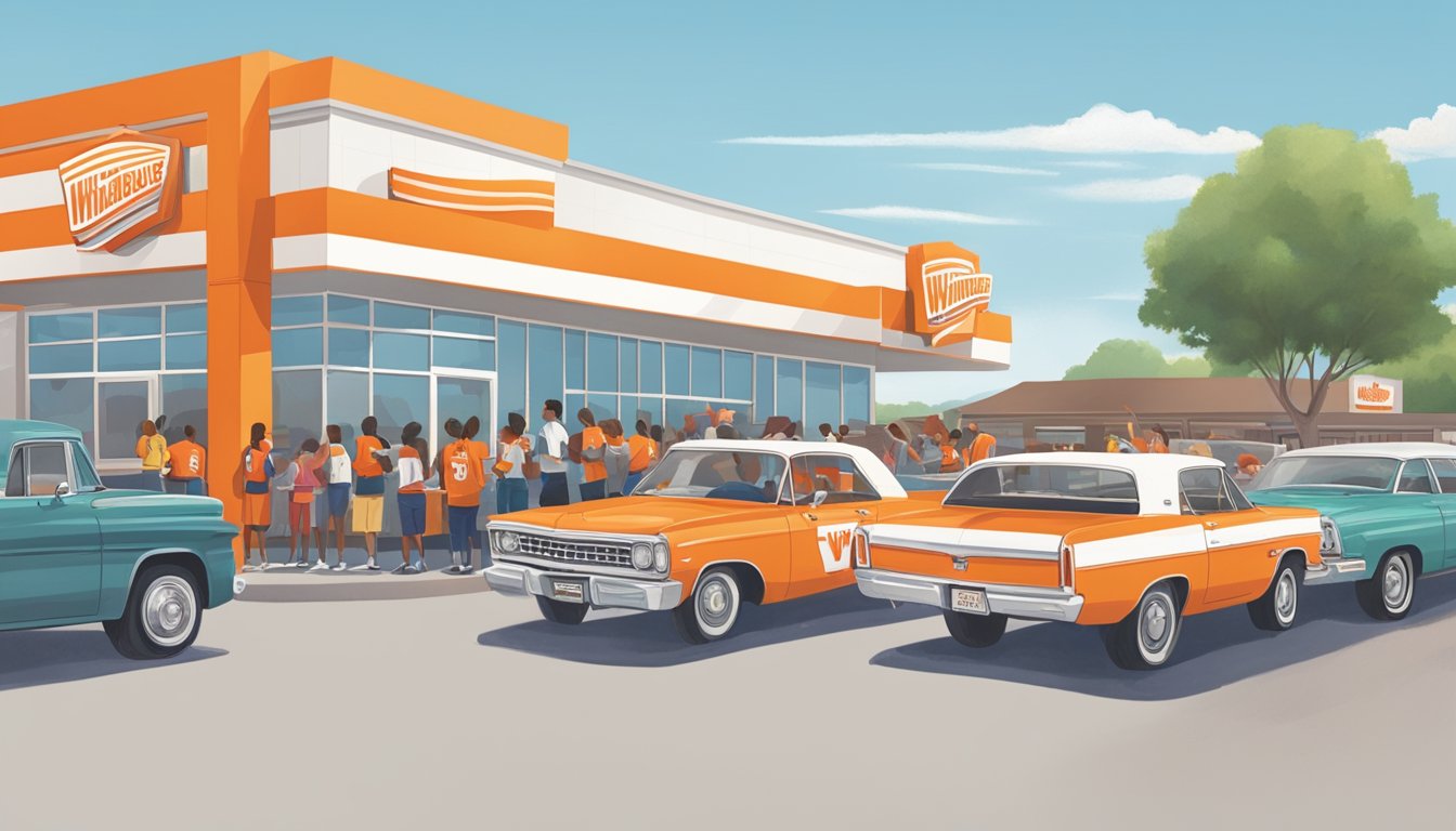 A bustling Whataburger restaurant with a line of cars at the drive-thru, while a group of high school students gather outside, wearing their team colors and chatting excitedly