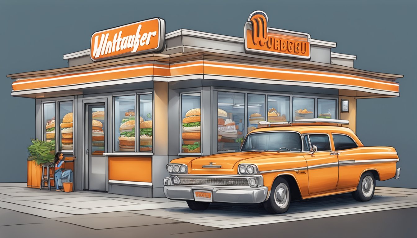 A colorful, bustling Whataburger restaurant with a line of customers, a chef creating a custom order, and a sign promoting exclusive offers and rewards