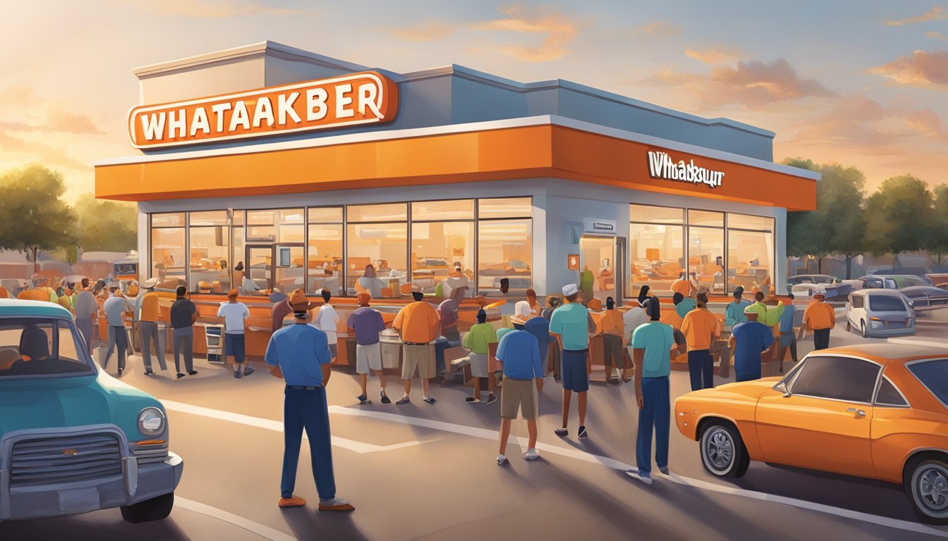 A crowded Whataburger restaurant with a line of cars at the drive-thru, people inside interacting with staff, and a football game playing on the TV