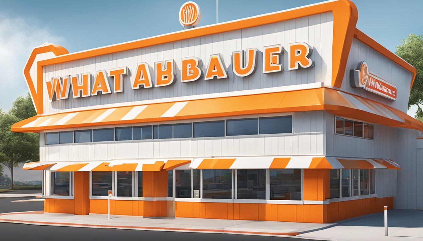 A colorful Whataburger restaurant with a bustling drive-thru and outdoor seating, featuring a classic orange and white striped building and iconic signage