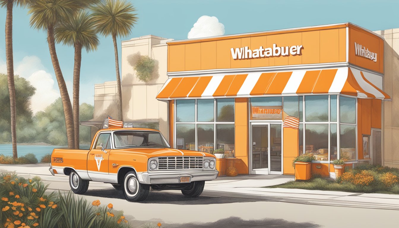 A Whataburger Junior being served with fresh ingredients and a signature orange and white striped wrapper, set against a Texas backdrop