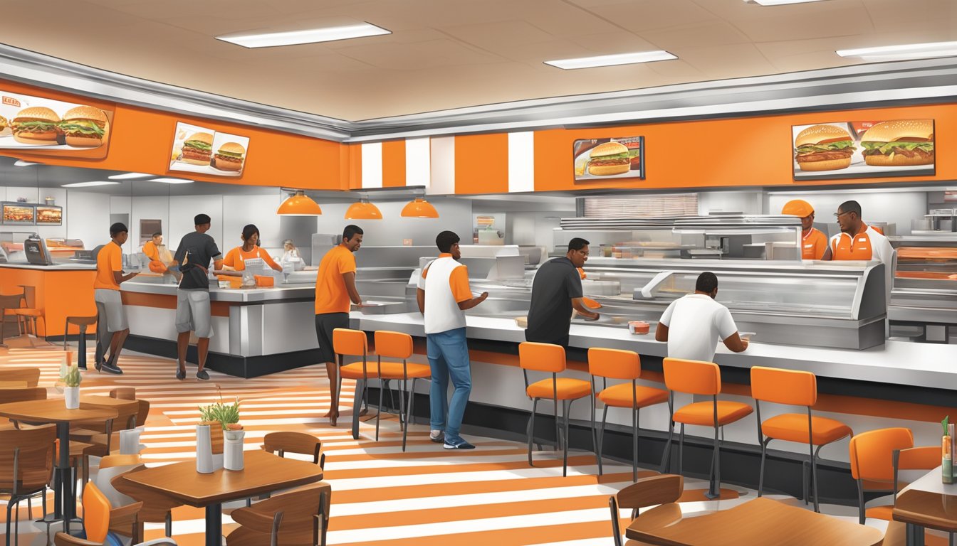 A bustling Whataburger restaurant with customers customizing their Texas-style orders at the counter, while the iconic orange and white striped building stands proudly in the background