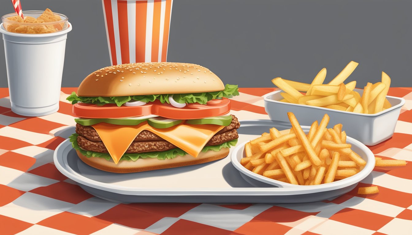 A classic Whataburger Junior sandwich surrounded by a spread of fresh ingredients and a side of golden fries on a red and white checkered tray