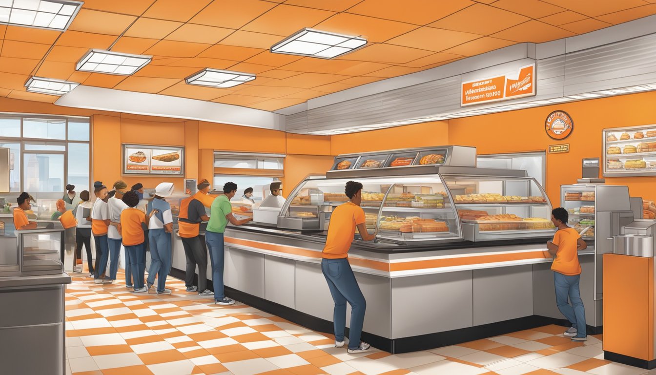 A bustling Whataburger restaurant with a line of customers ordering the iconic Whataburger Junior, while employees work efficiently behind the counter