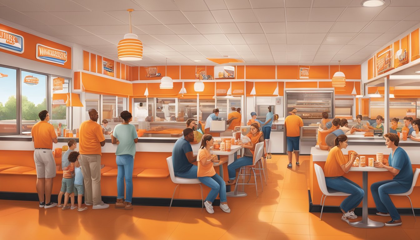 A crowded Whataburger restaurant with people of all ages enjoying Junior burgers, iconic orange and white decor, and a sense of Texas pride