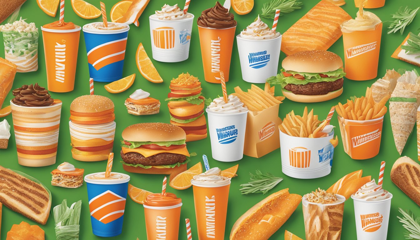 A colorful collage of Whataburger's seasonal items displayed in a rotating calendar format, showcasing a variety of flavors and ingredients