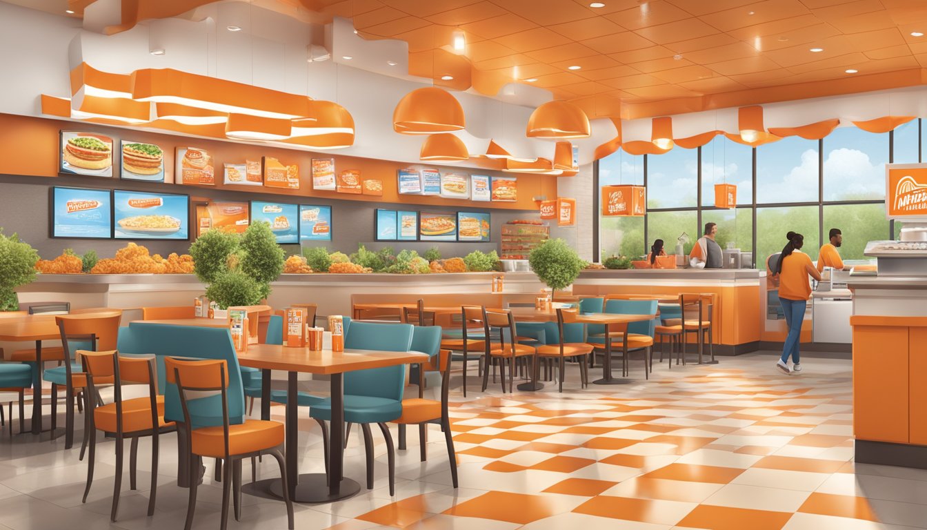 A bustling Whataburger restaurant with changing seasonal decor and featured limited-time offers prominently displayed