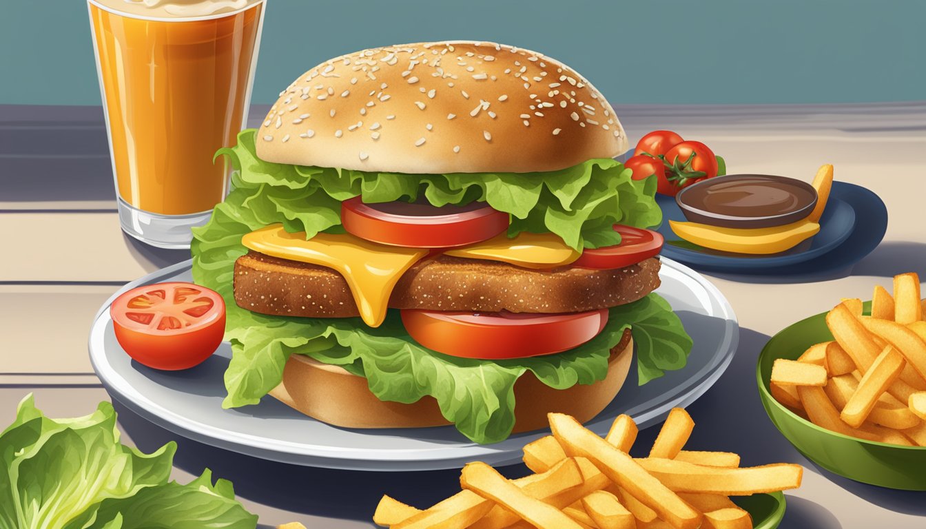 A sizzling Whatachick'n sandwich surrounded by fresh lettuce, juicy tomatoes, and a toasted bun, with a side of golden crispy fries and a cold drink