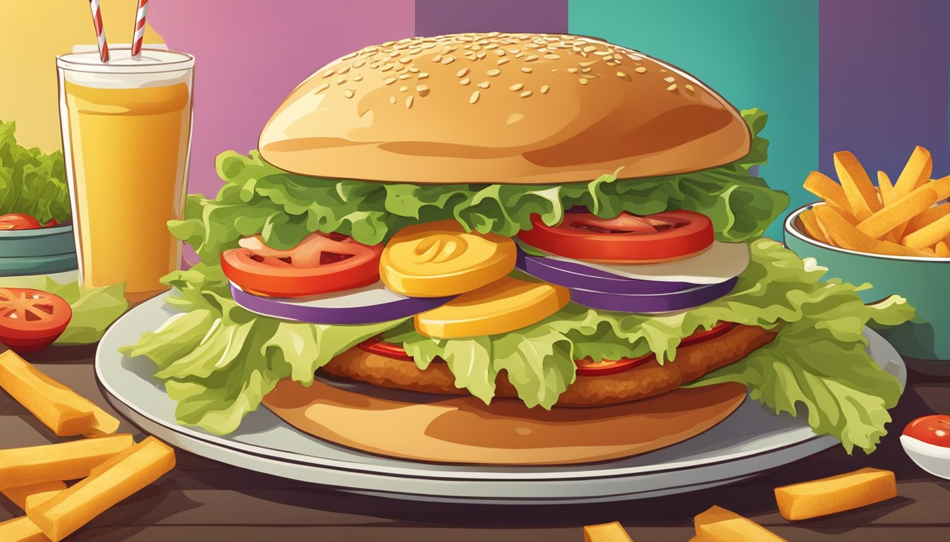 A colorful illustration of a Whatachick'n sandwich surrounded by fresh lettuce, ripe tomatoes, and a fluffy bun, with a side of golden crispy fries