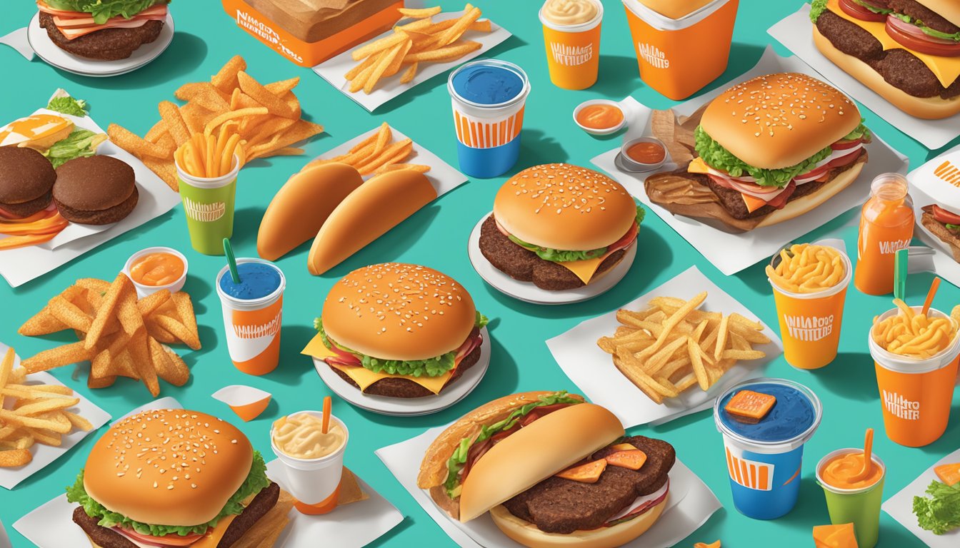 A table with a variety of Whataburger seasonal items, including burgers, sandwiches, and sides, displayed with colorful packaging and customizations