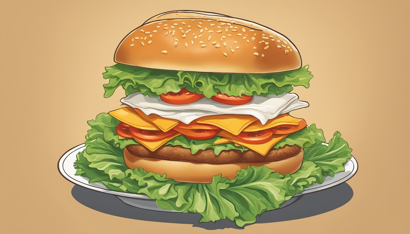 A colorful illustration of a Whatachick'n sandwich surrounded by fresh lettuce, ripe tomatoes, and a fluffy bun, with the Whataburger logo in the background