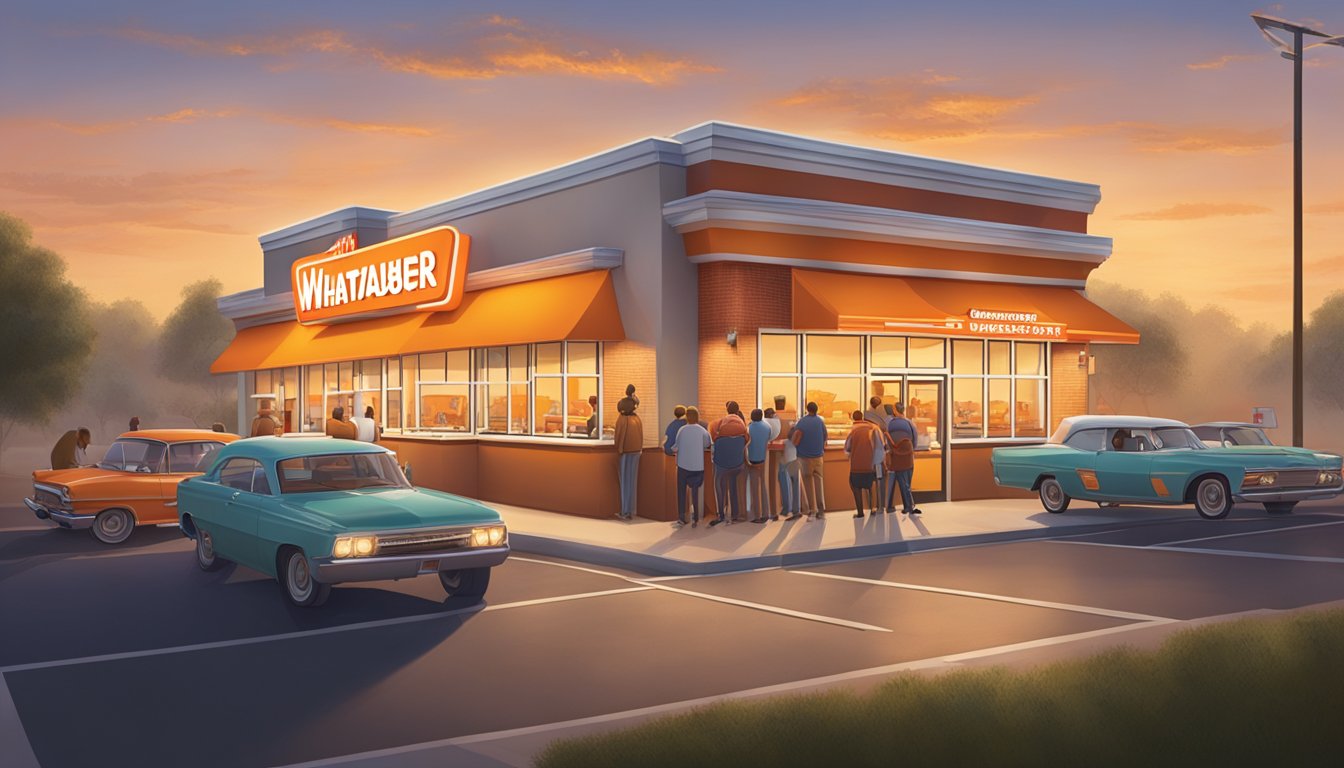 A bustling Whataburger restaurant at dawn, with the aroma of sizzling bacon and eggs filling the air. Customers eagerly line up to order from the revolutionary breakfast menu