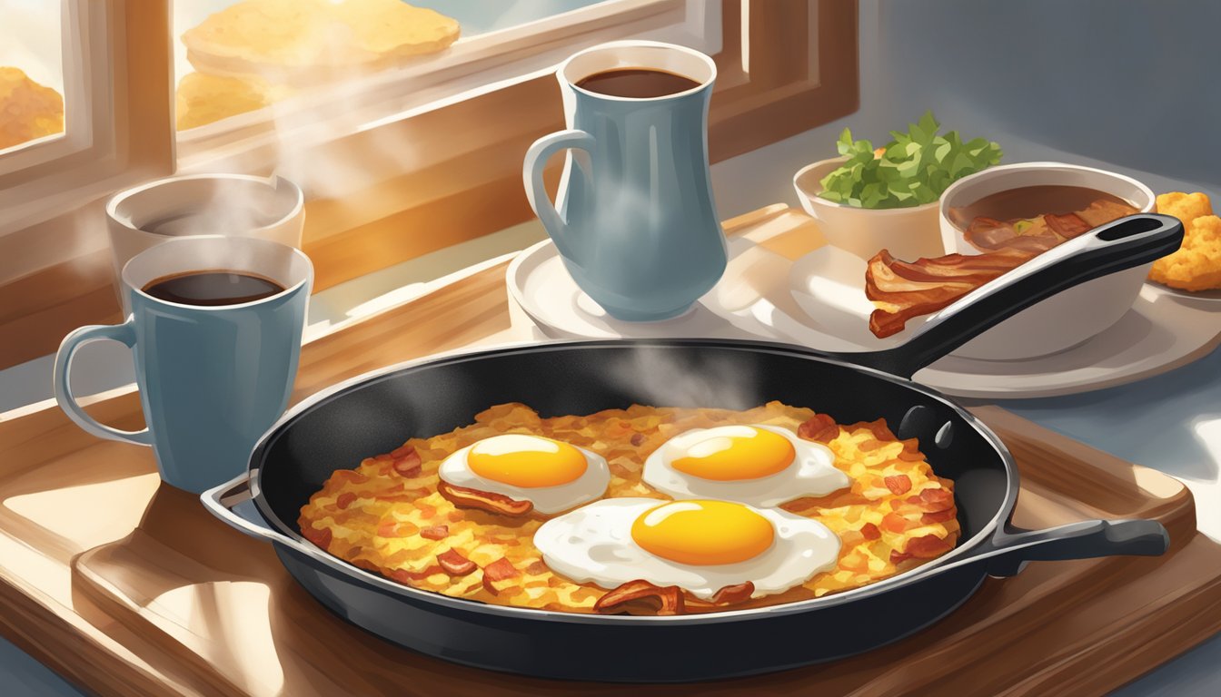 A sizzling skillet with eggs, bacon, and hash browns, a steaming cup of coffee, and a buttery biscuit on a tray, surrounded by the morning sun streaming through a window