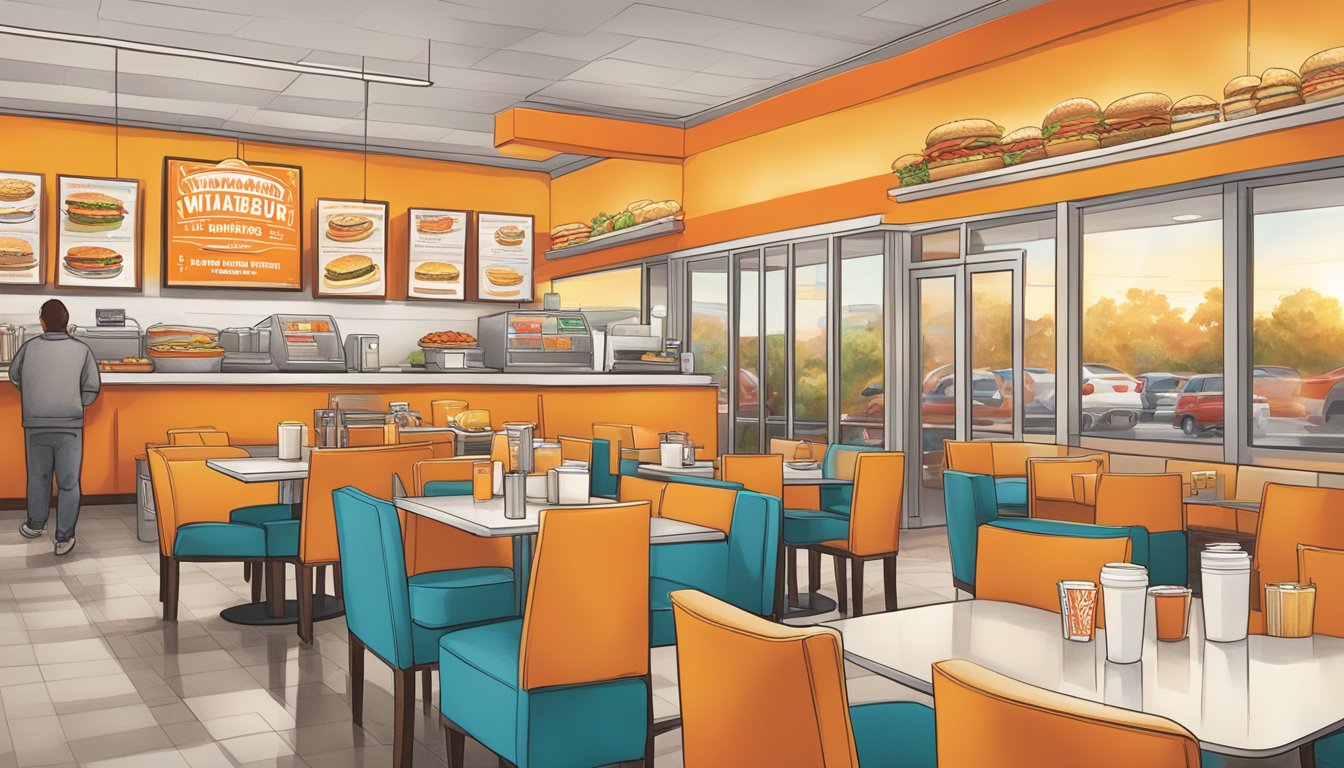 A bustling Whataburger restaurant at sunrise, with a colorful breakfast menu displayed prominently, showcasing the chain's innovative morning offerings