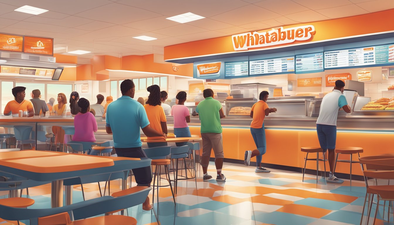 A bustling Whataburger restaurant at dawn, with colorful breakfast items displayed on the menu board and customers eagerly lining up at the counter