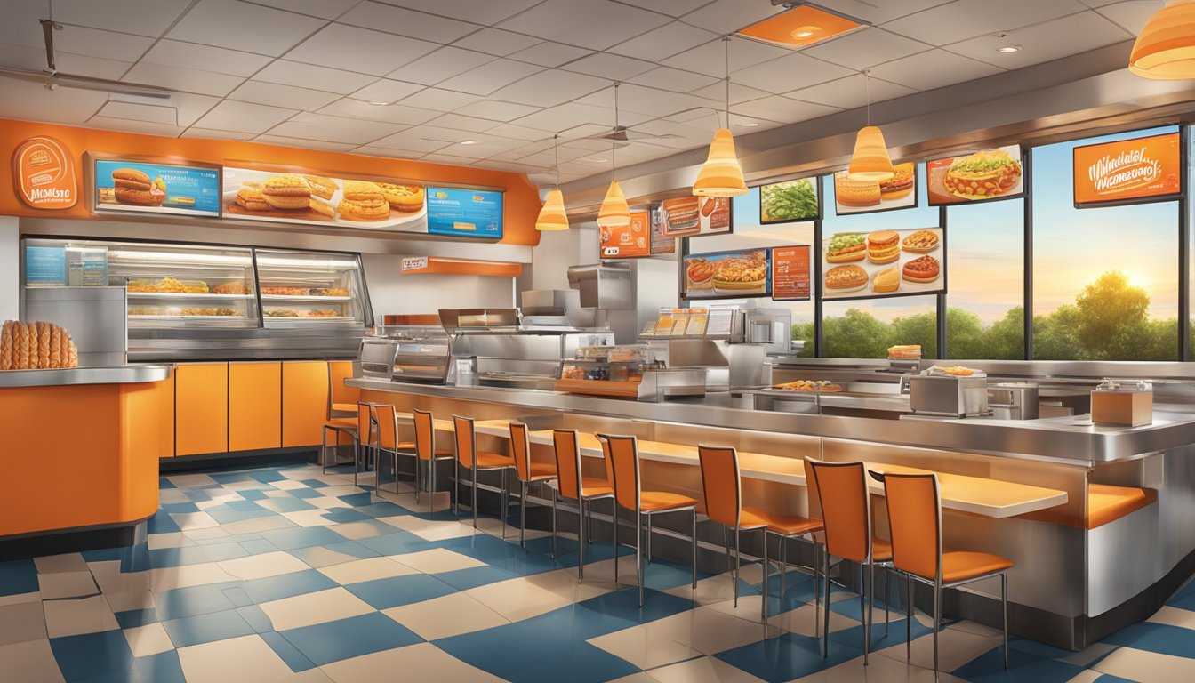 The morning sun rises over a bustling Whataburger restaurant, with a colorful array of breakfast items displayed on the menu board, enticing customers with their savory and satisfying options