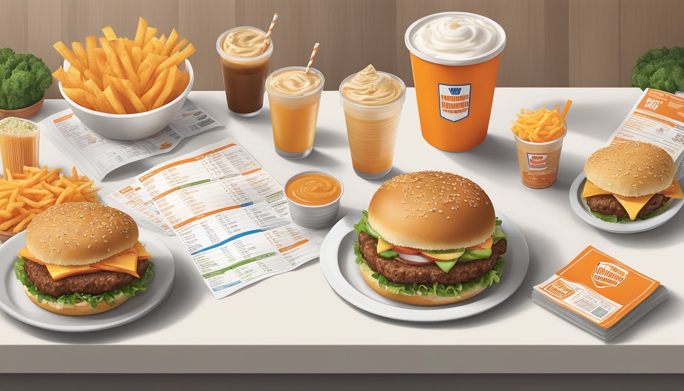 The Whataburger menu items are arranged on a table, surrounded by nutritional information charts and health-conscious food options