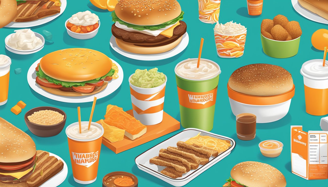 A colorful breakfast spread with various Whataburger menu items, surrounded by icons representing different dietary considerations and nutritional information