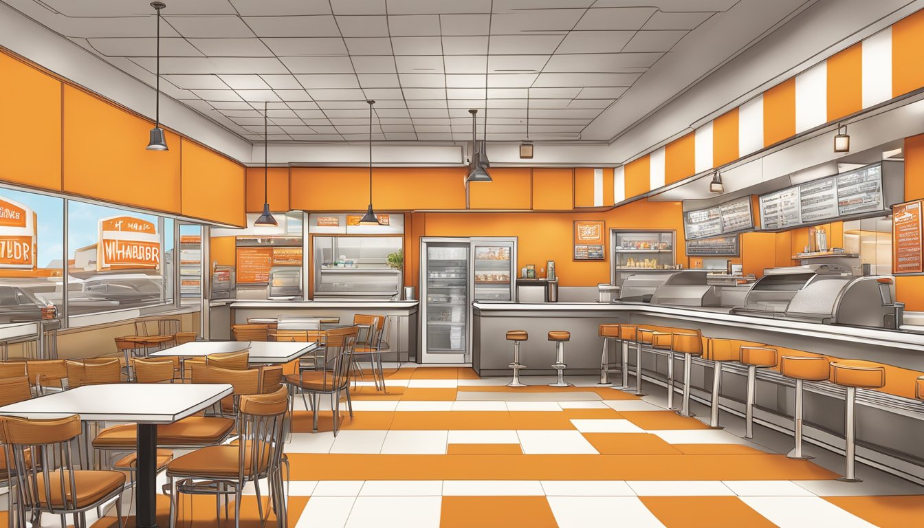 A Whataburger restaurant with a modern, health-conscious menu displayed alongside classic, iconic menu items. The restaurant is bustling with diverse customers enjoying their meals