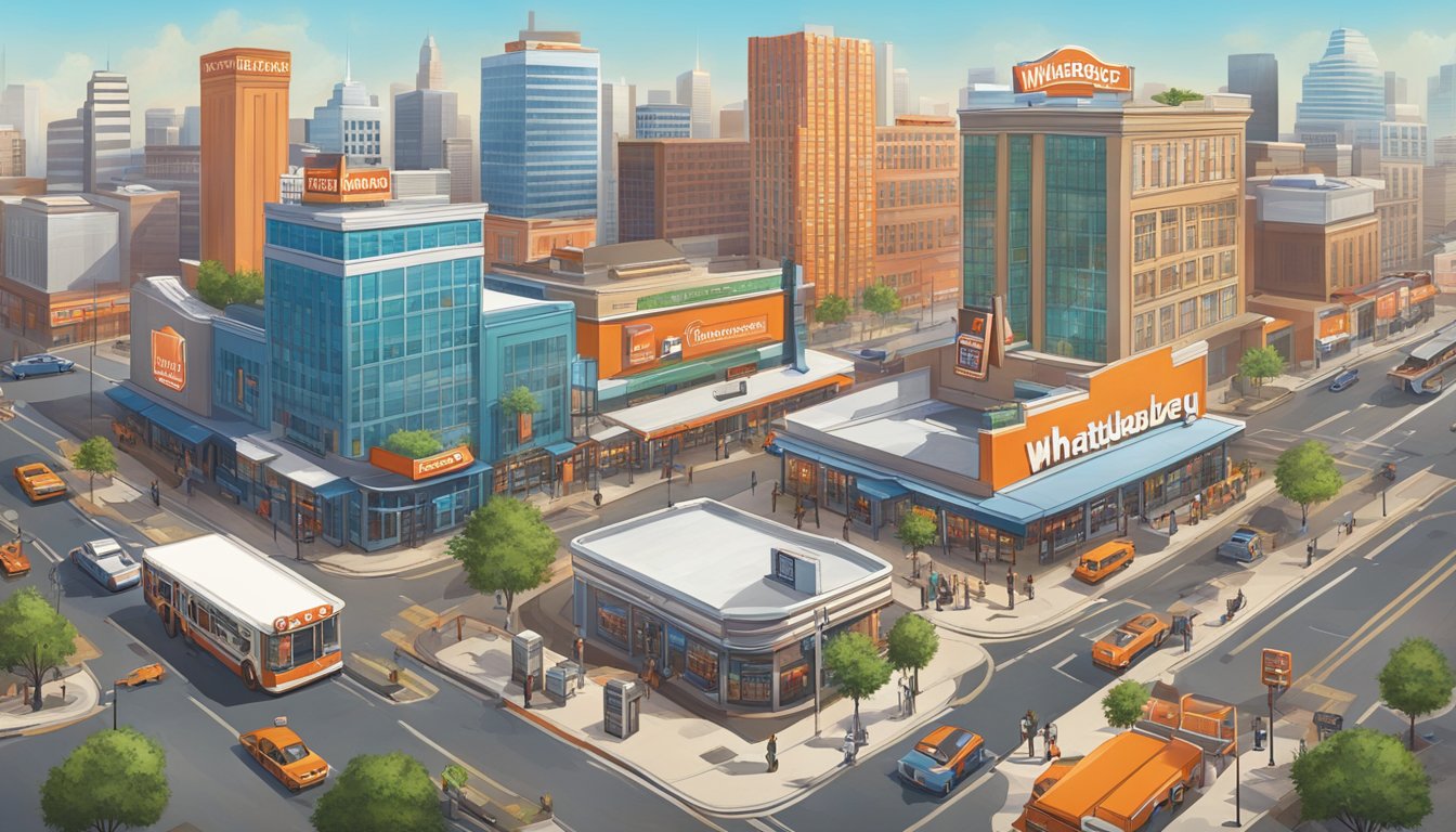 A bustling Texas cityscape with a prominent Whataburger restaurant, surrounded by modern technology and mobile devices