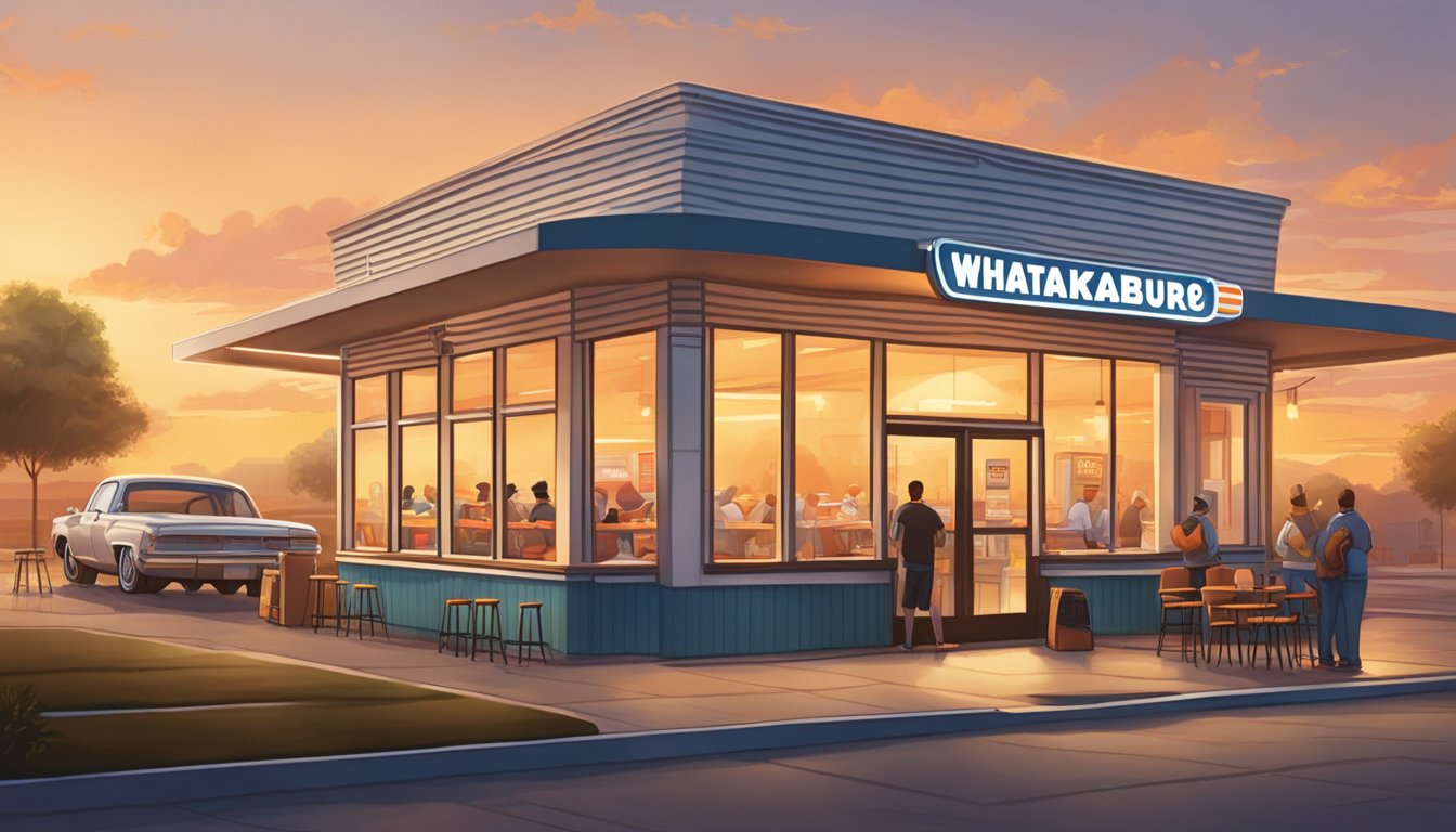 A bustling Whataburger restaurant at sunrise, with a line of customers eagerly ordering from the breakfast menu. The aroma of sizzling bacon and freshly brewed coffee fills the air