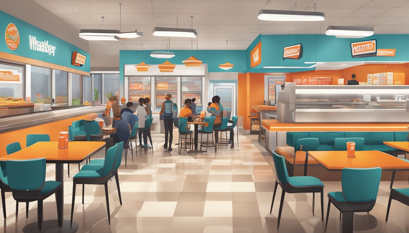 The bustling interior of a modern fast food restaurant in Texas, with customers using the Whataburger app on their smartphones to place orders and earn rewards