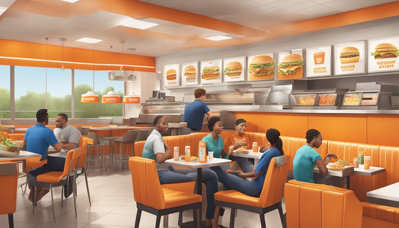 A bustling Whataburger restaurant with a modern, health-conscious atmosphere. Customers enjoying fresh, nutritious menu options while still embracing the brand's iconic identity