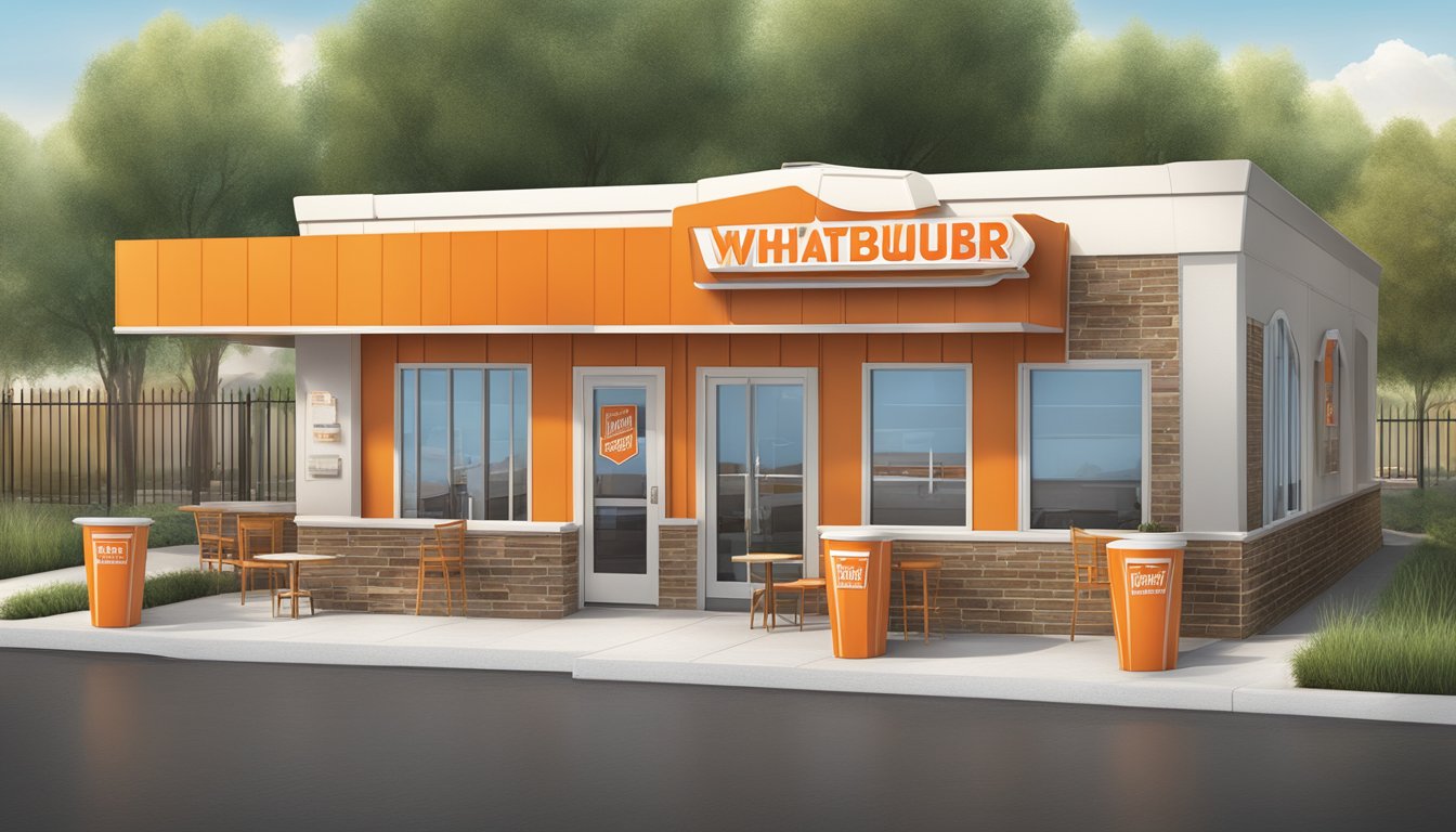 A Whataburger restaurant exterior with a modern, health-conscious design. A menu board displays fresh, nutritious options alongside classic favorites. Outdoor seating features a mix of young professionals and families enjoying their meals